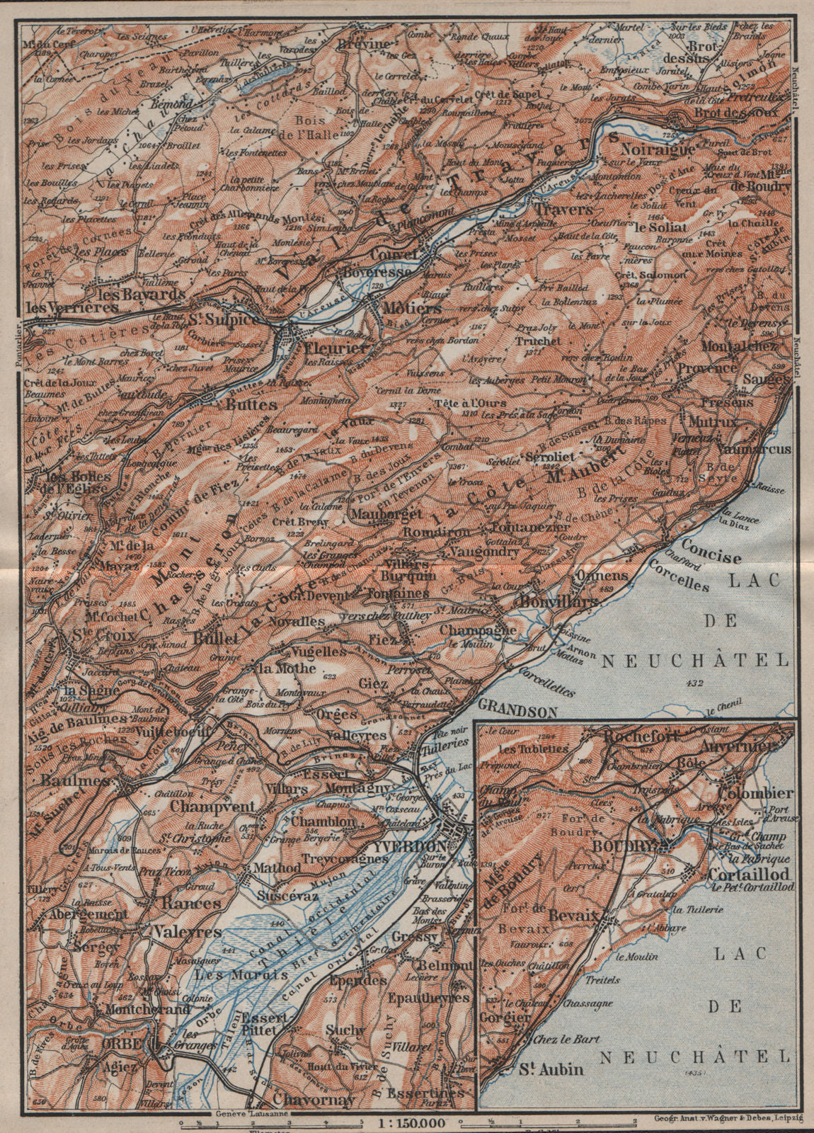 JURA. Val-de-Travers Orbe Noiraigue Yverdon Grandson Môtiers Buttes 1905 map